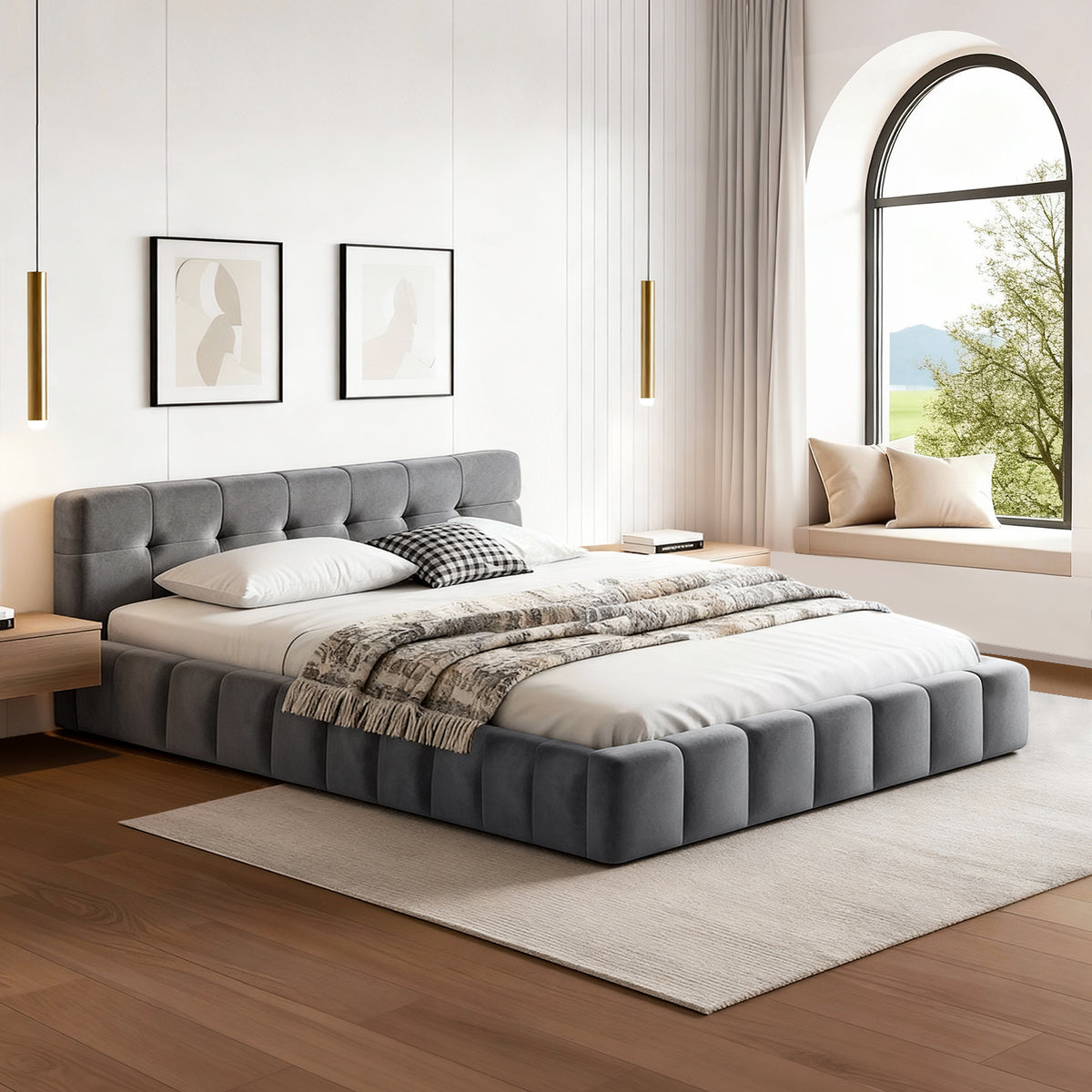 Artiss Double Size Bed Frame Plush Soft Headboard Velvet Platform Base for Modern Bedrooms Grey