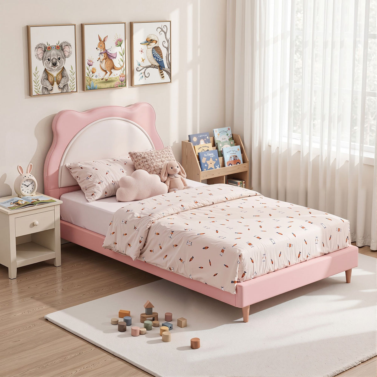 Artiss King Single Pink Kids Bed Frame for Girls Bedroom Cute Animal Upholstered