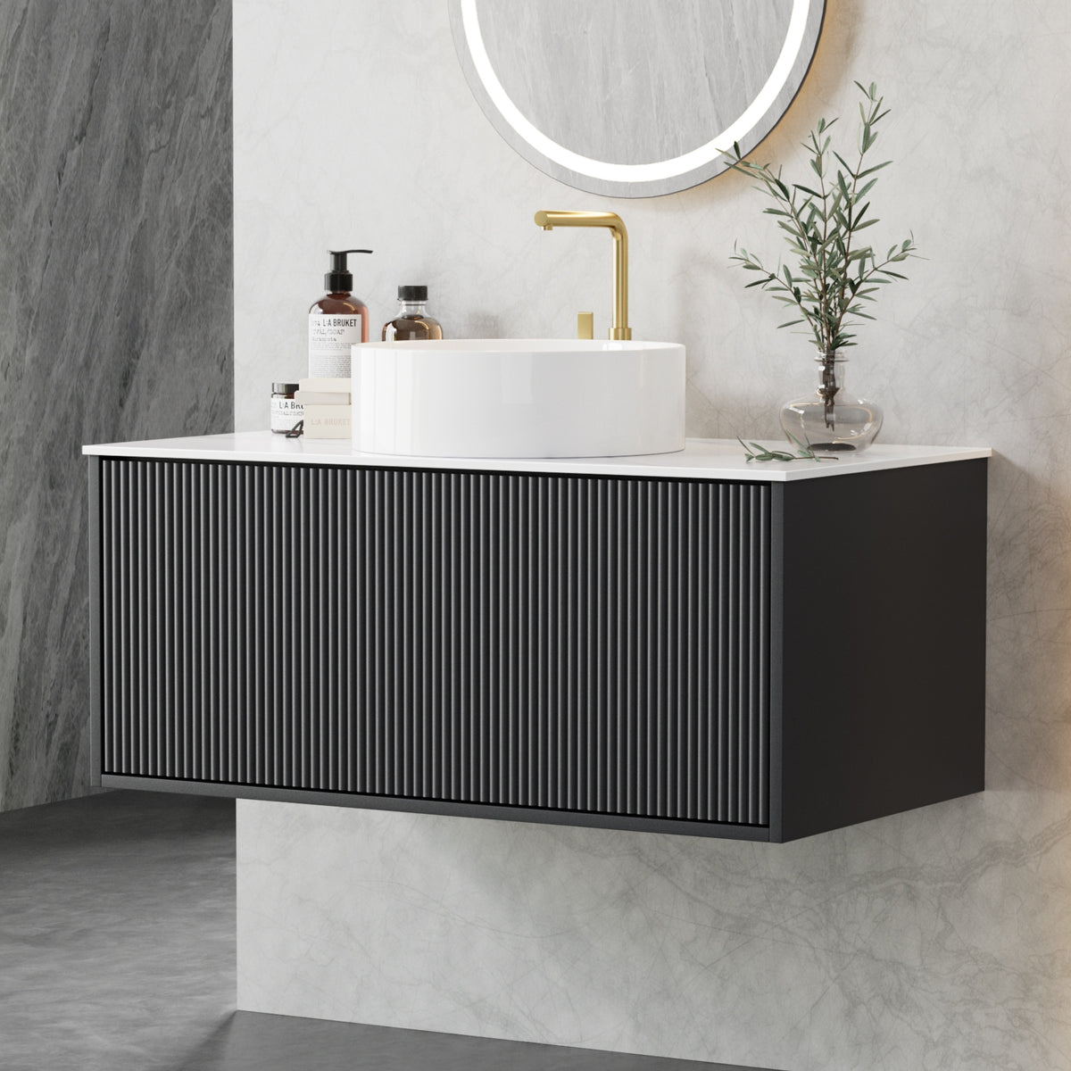 Cefito Vanity Unit 900mm Bathroom Cabinet Storage Wall Hung Grooved Timber Black
