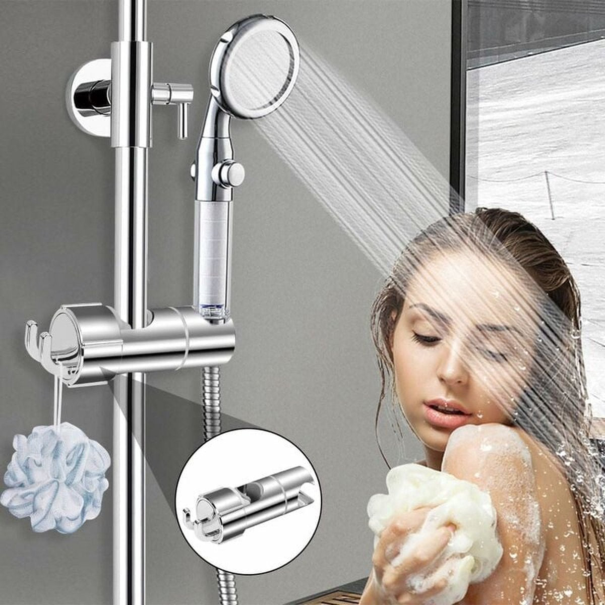 Slide Piece for Shower Rod - ø 18-25 mm - Hand Shower Bracket - With 2 Hooks - Chrome - Adjustable - ABS - Hand Shower - Shower Head - Shower Head Holder - Hand Shower Holder - Shower - Bathroom - Silver - Universal - For Shower Rod - Easy Installation