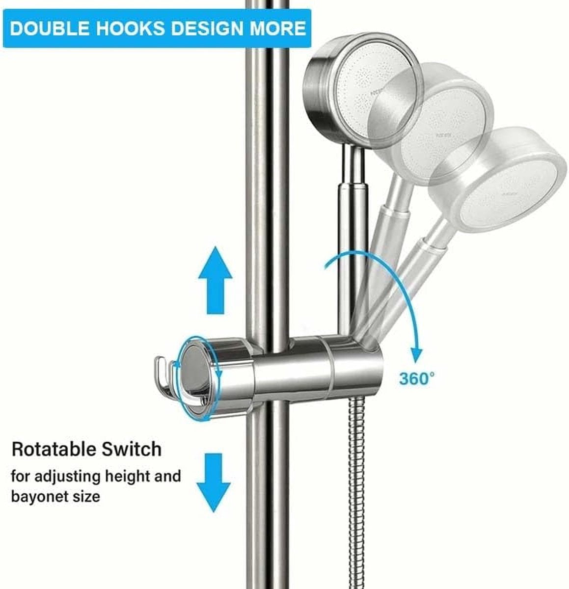 Slide Piece for Shower Rod - ø 18-25 mm - Hand Shower Bracket - With 2 Hooks - Chrome - Adjustable - ABS - Hand Shower - Shower Head - Shower Head Holder - Hand Shower Holder - Shower - Bathroom - Silver - Universal - For Shower Rod - Easy Installation