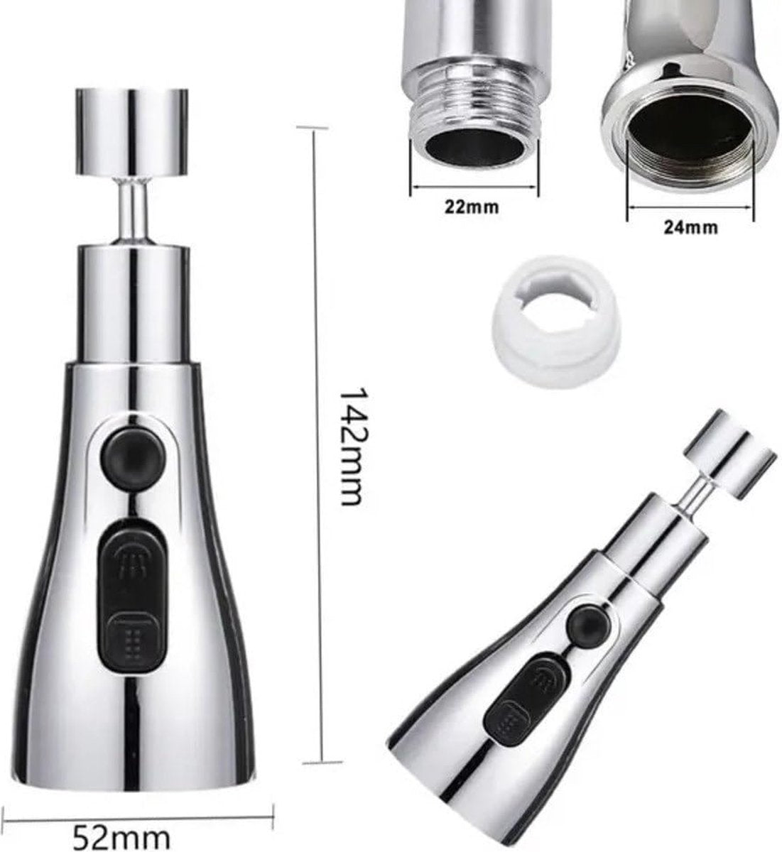 Faucet Attachment - 360 Degree Rotation - Kitchen Tap G1/2 - 3 Positions - Faucet Head - Washing Up - Kitchen Faucet - Water Saving - Flexible Faucet Head - Extension - Faucet Parts - Rotating Faucet Hose - Faucet Nozzle - Silver - For Bathroom Washbasin