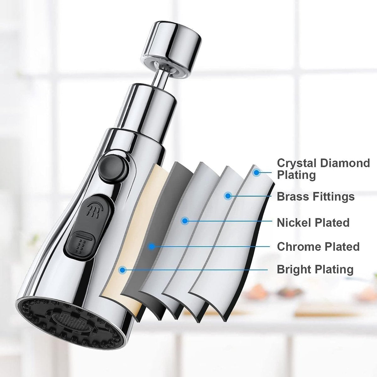 Faucet Attachment - 360 Degree Rotation - Kitchen Tap G1/2 - 3 Positions - Faucet Head - Washing Up - Kitchen Faucet - Water Saving - Flexible Faucet Head - Extension - Faucet Parts - Rotating Faucet Hose - Faucet Nozzle - Silver - For Bathroom Washbasin
