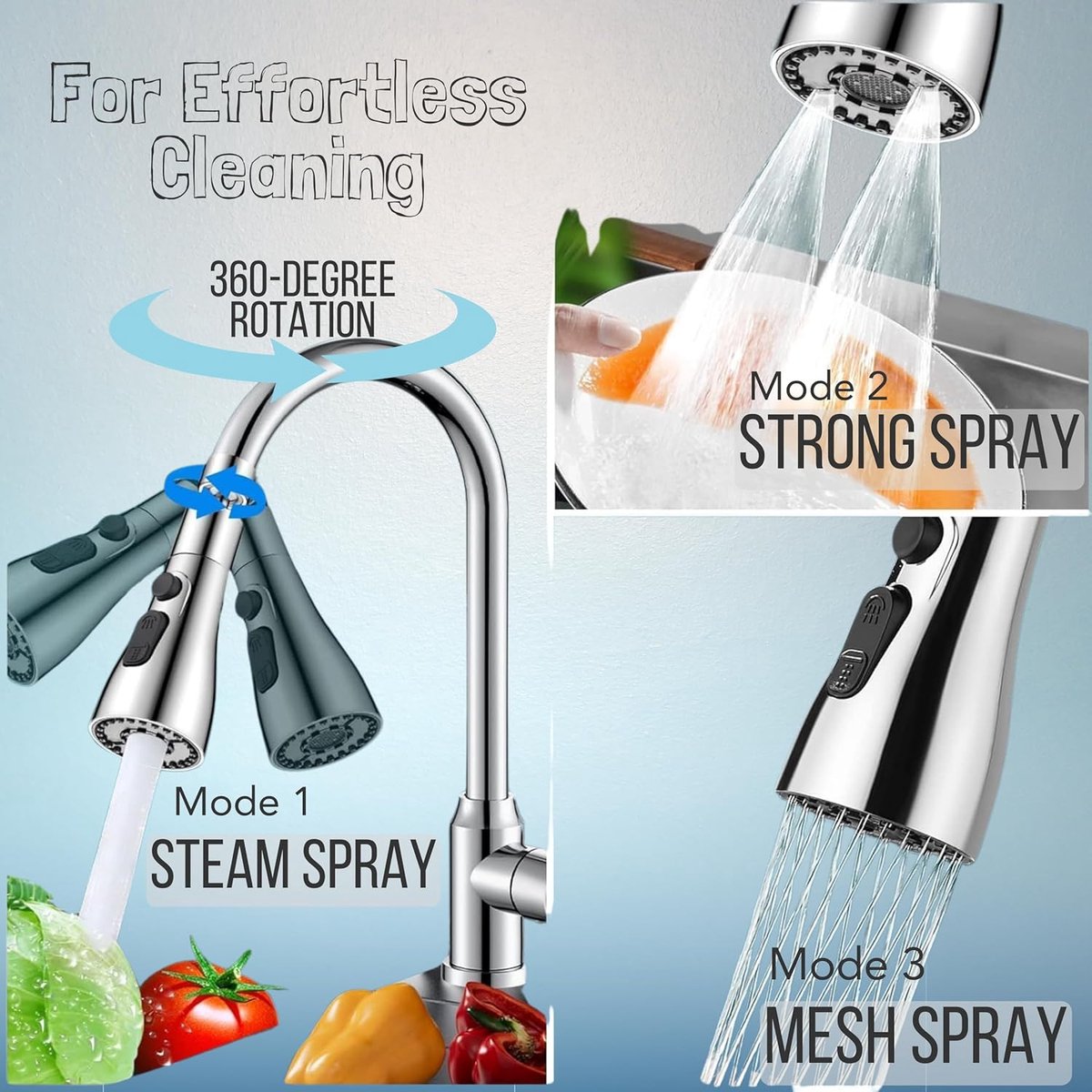 Faucet Attachment - 360 Degree Rotation - Kitchen Tap G1/2 - 3 Positions - Faucet Head - Washing Up - Kitchen Faucet - Water Saving - Flexible Faucet Head - Extension - Faucet Parts - Rotating Faucet Hose - Faucet Nozzle - Silver - For Bathroom Washbasin