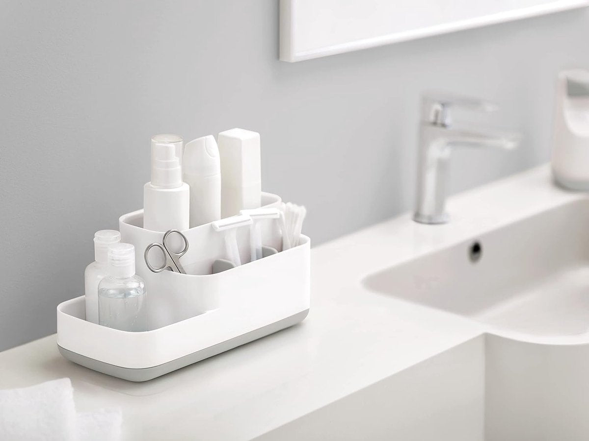 Toothbrush Holder - Toothbrush Organizer - Bathroom Organizer - 7 Sorting Compartments - Removable - With Drip Tray - Cosmetic Holder - Vanity Unit - Toothbrush - Freestanding - Bathroom Accessories - White - Durable