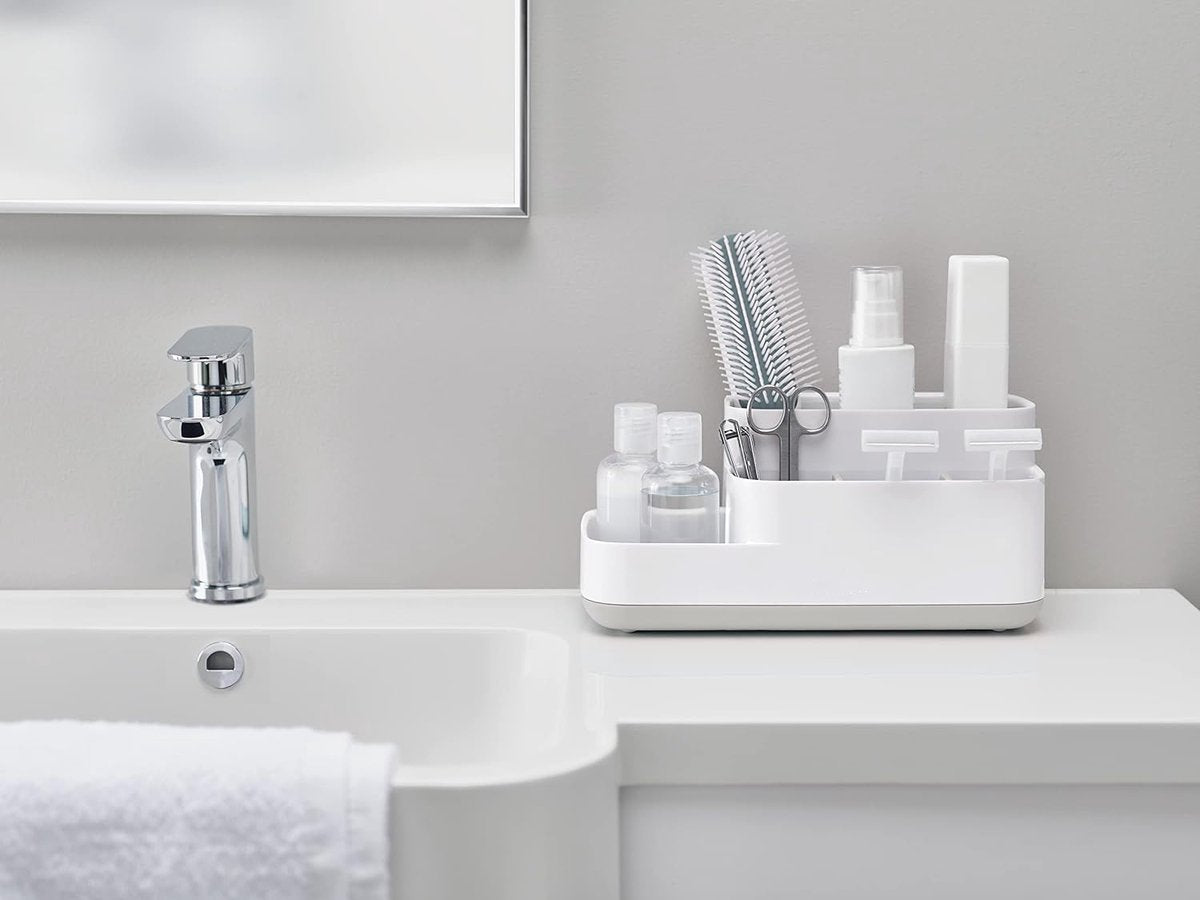 Toothbrush Holder - Toothbrush Organizer - Bathroom Organizer - 7 Sorting Compartments - Removable - With Drip Tray - Cosmetic Holder - Vanity Unit - Toothbrush - Freestanding - Bathroom Accessories - White - Durable