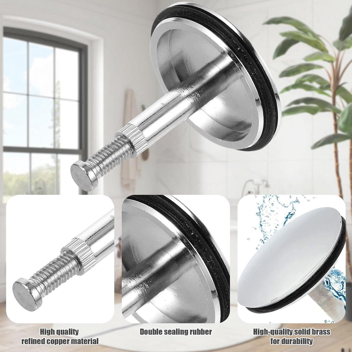 Bathtub Drain Plug 43mm - Stem Diameter 8mm - Bathtub Cover, Bathroom Washbasin Cap - Height Adjustable Drain Plug for Bathtub, Kitchen, Sink - Solid Brass Drain Stopper