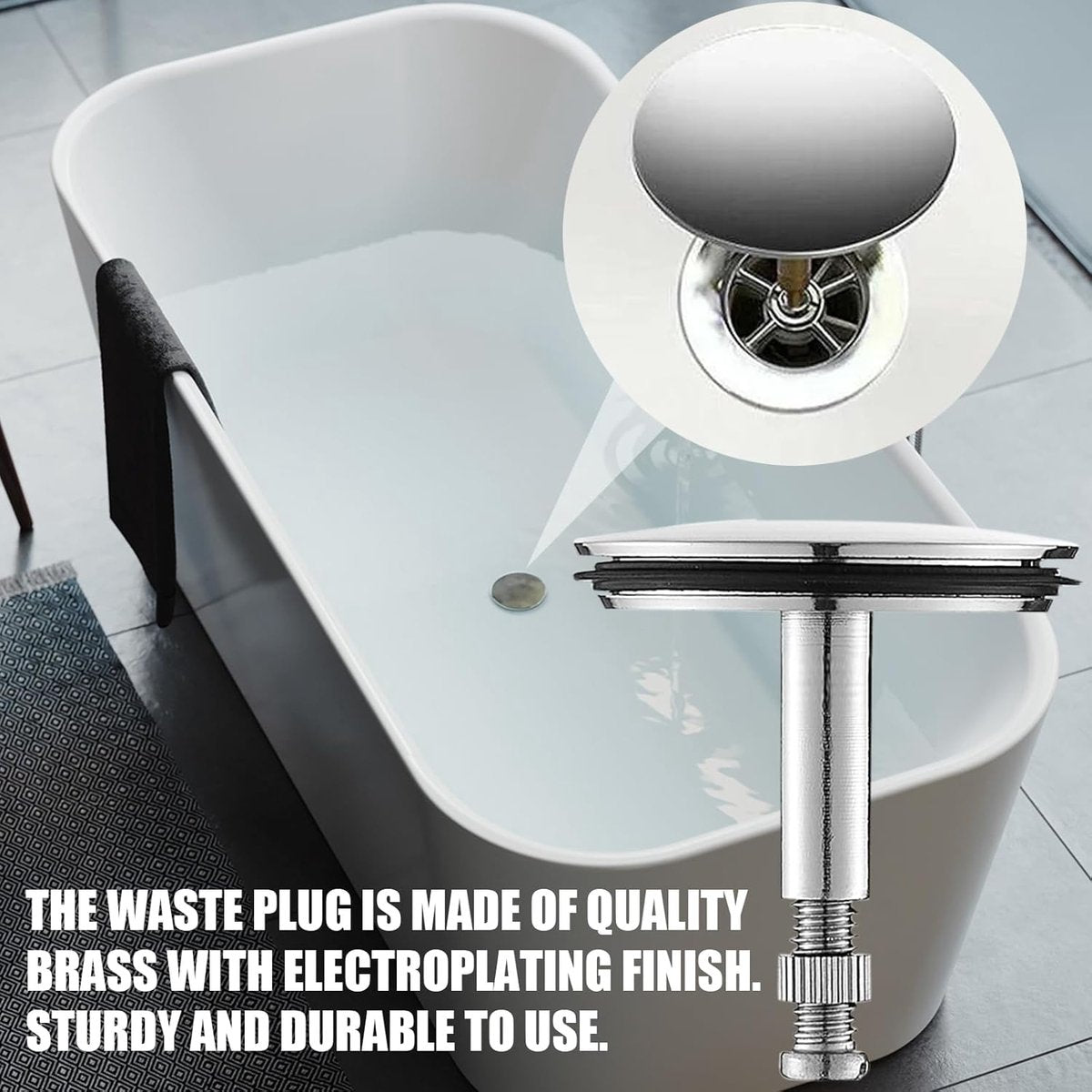 Bathtub Drain Plug 43mm - Stem Diameter 8mm - Bathtub Cover, Bathroom Washbasin Cap - Height Adjustable Drain Plug for Bathtub, Kitchen, Sink - Solid Brass Drain Stopper