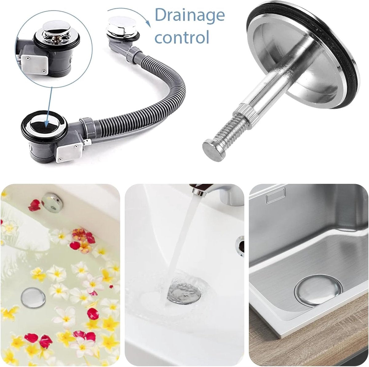 Bathtub Drain Plug 43mm - Stem Diameter 8mm - Bathtub Cover, Bathroom Washbasin Cap - Height Adjustable Drain Plug for Bathtub, Kitchen, Sink - Solid Brass Drain Stopper