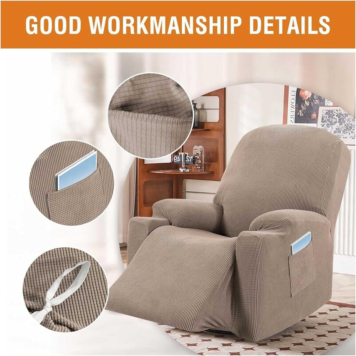 Power Lift Recliner Slipcover High Stretch Soft Jacquard Fabric with Side Pocket for Standard Recliner Chair Beige, Letter E Option