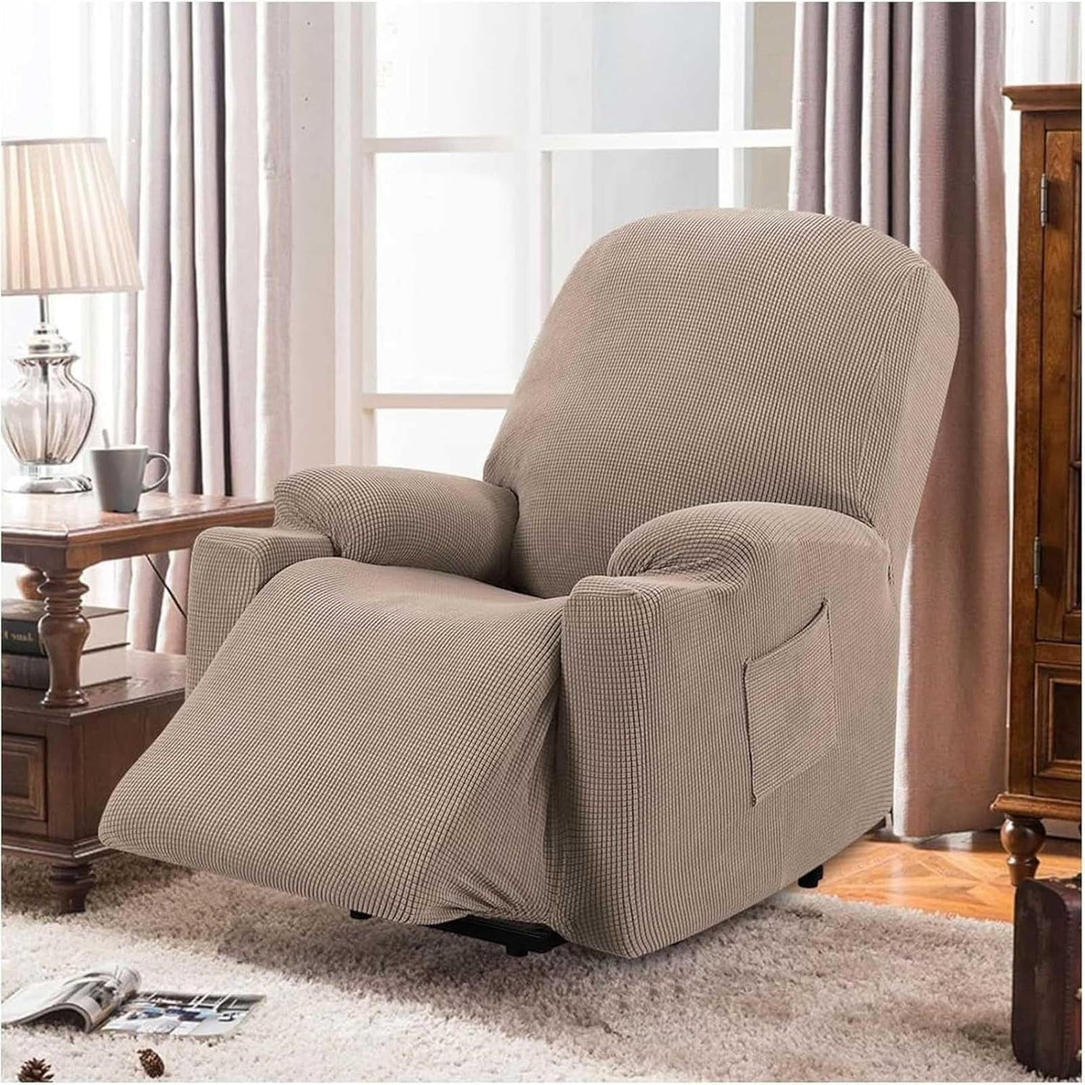 Power Lift Recliner Slipcover High Stretch Soft Jacquard Fabric with Side Pocket for Standard Recliner Chair Beige, Letter E Option