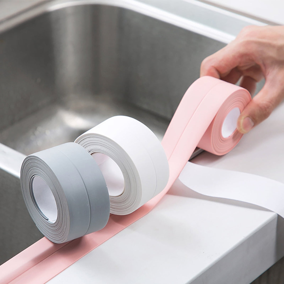 Kitchen & Bathroom Mildew-Proof Caulk Tape,PE Self-Adhesive Waterproof Sealing Strip for Bathtub, Shower & Toilet,Waterproof Caulk Strip, Bathroom Caulk Tape, Kitchen Sealing Tape(Grey) Beige