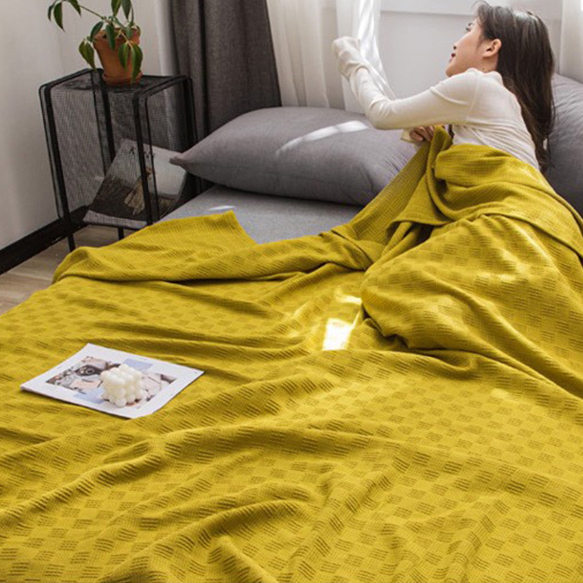 59x39" 100% Cottons Blanket, Soft and Breathable Bed Blanket, Multi-functional Bed Blanket for All Season, Machines Washable Bed Couch for Home Living Room Bedroom Office Travel Yellow