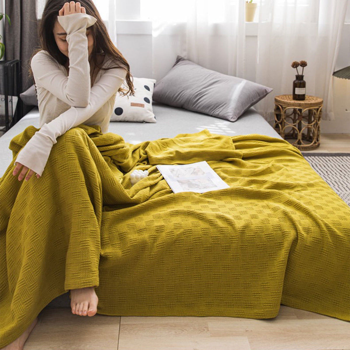 59x39" 100% Cottons Blanket, Soft and Breathable Bed Blanket, Multi-functional Bed Blanket for All Season, Machines Washable Bed Couch for Home Living Room Bedroom Office Travel Yellow