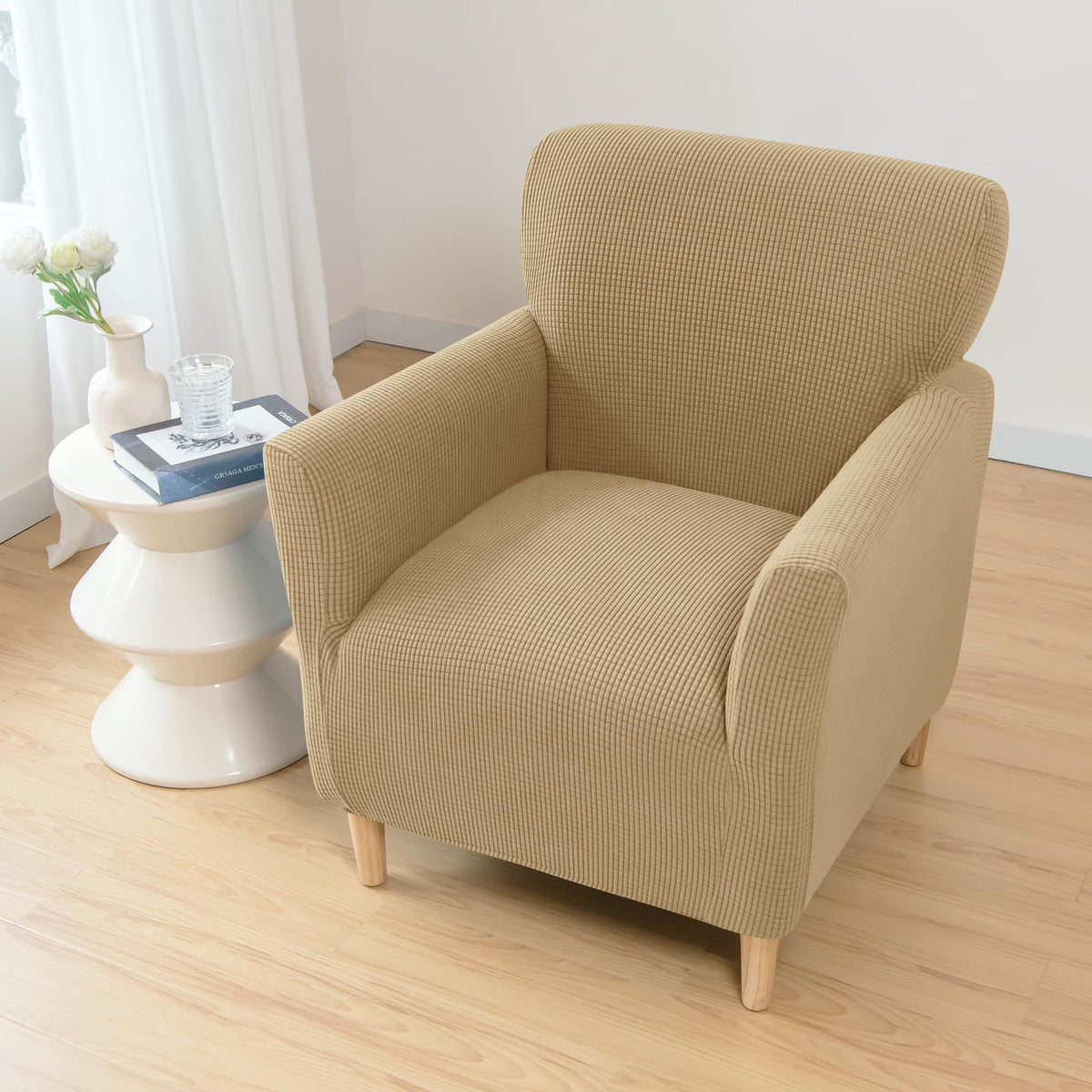 Armchair Slipcover 1-Piece Jacquard Accent Chair Covers with Arms Soft Waterproof Chair Slipcovers for Living Room Furniture Protector Office Reception Reading（khaki）