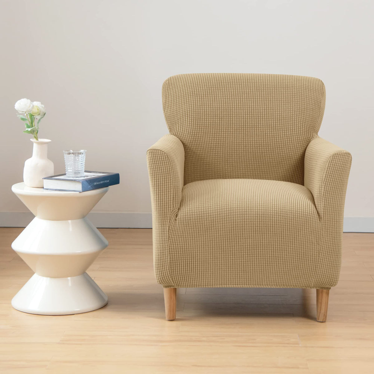 Armchair Slipcover 1-Piece Jacquard Accent Chair Covers with Arms Soft Waterproof Chair Slipcovers for Living Room Furniture Protector Office Reception Reading（khaki）