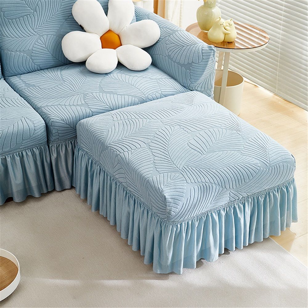 Stretch Cover with Ruffle Skirt, Jacquard Storage Slipcover Footstool Protector - Removable Washable Thick Soft Fabric for Modular Sectional Sofa（haze blue）