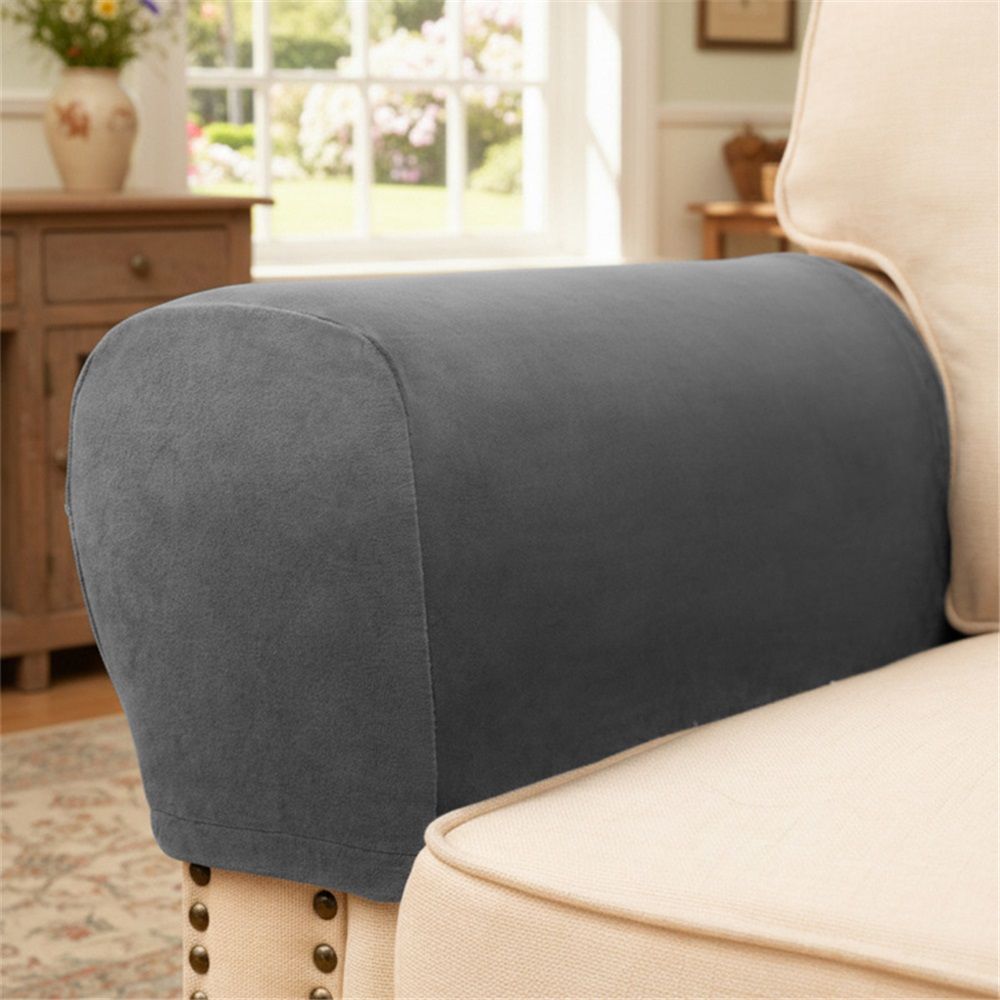 2 pack Stretch Plush Armrest Covers for Chairs and Sofas - Anti-Slip Couch Protector With Sticker - Furniture Arm Covers for Sofa, Chair, Recliner - Set of 2