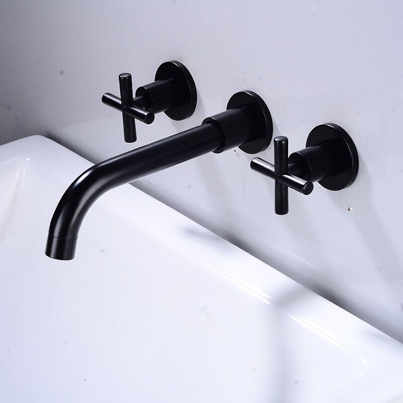 Basin Mixer Tap Matte Black Wall Mounted Bathroom Faucet Double Handle Brass Basin Mixer with Rough inch Valve Included