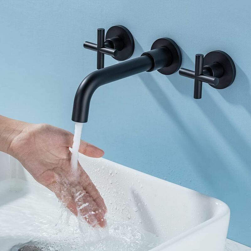 Basin Mixer Tap Matte Black Wall Mounted Bathroom Faucet Double Handle Brass Basin Mixer with Rough inch Valve Included