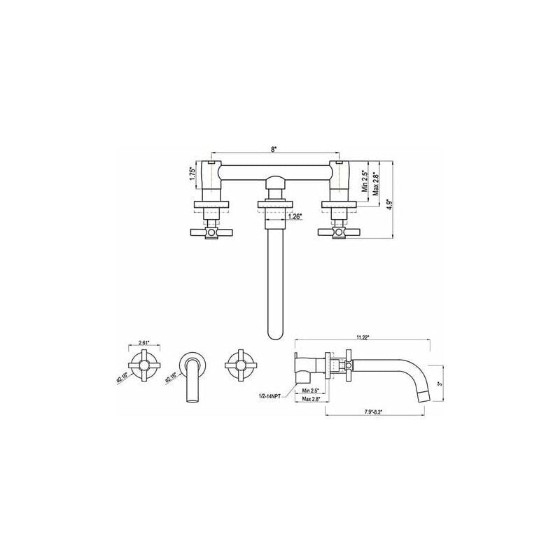 Basin Mixer Tap Matte Black Wall Mounted Bathroom Faucet Double Handle Brass Basin Mixer with Rough inch Valve Included