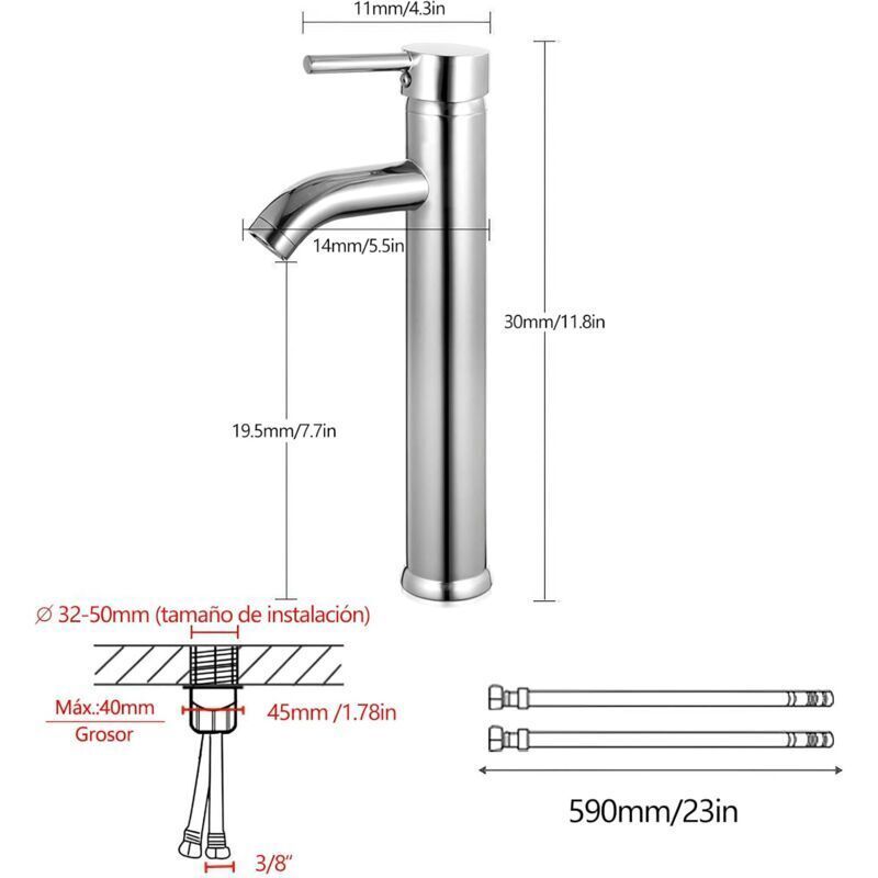 Bathroom Sink Faucet, High Arc Bathroom Sink Mixer Tap, Adjustable Hot and Cold Mixer Tap, Chrome Plated Brass, Silver Grey