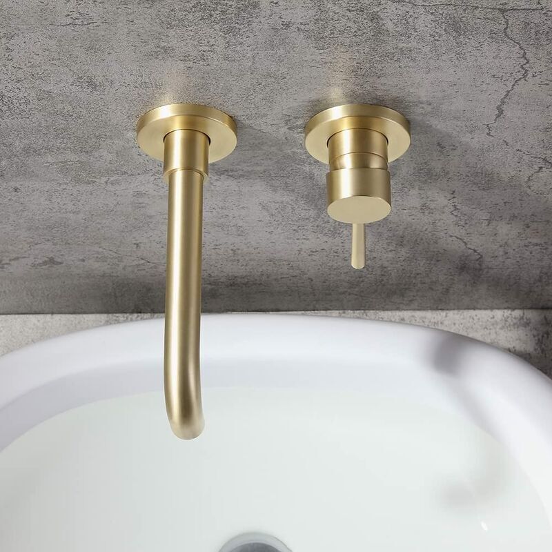 Gold Basin Mixer Tap Solid Brass Wall Mounted Bathroom Sink Faucet Brushed Brass Swivel Spout Basin Mixer Tap