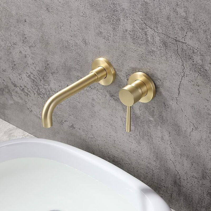 Gold Basin Mixer Tap Solid Brass Wall Mounted Bathroom Sink Faucet Brushed Brass Swivel Spout Basin Mixer Tap