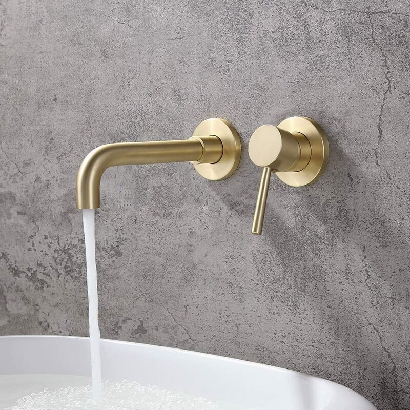 Gold Basin Mixer Tap Solid Brass Wall Mounted Bathroom Sink Faucet Brushed Brass Swivel Spout Basin Mixer Tap