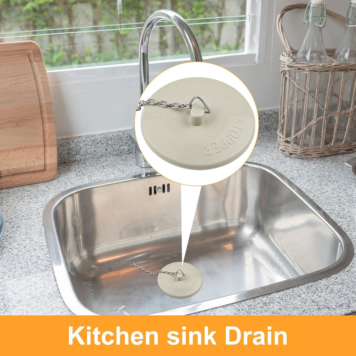 2 Packs Rubber Bathtub Stoppers - Bath Tub Stopper Drain Plug with 15" Stainless Steel Beaded Chain - Bathroom Bathtub Plug Fit for 1.5" to 2" Kitchen Sink, Bathroom Bath tub, Drain Stopper, White