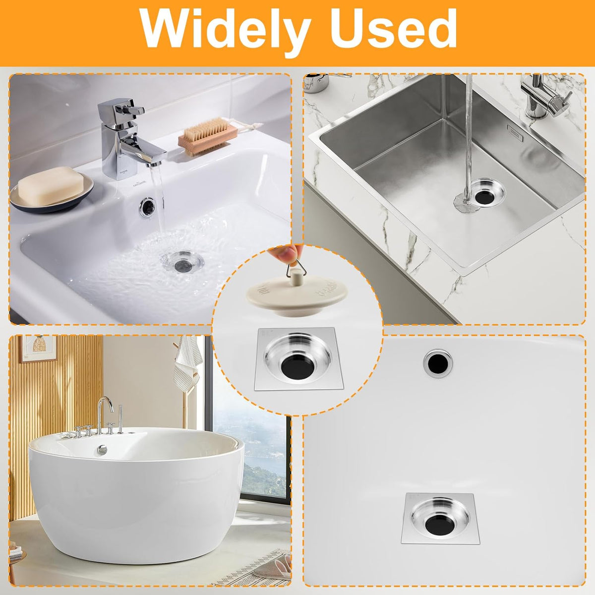 2 Packs Rubber Bathtub Stoppers - Bath Tub Stopper Drain Plug with 15" Stainless Steel Beaded Chain - Bathroom Bathtub Plug Fit for 1.5" to 2" Kitchen Sink, Bathroom Bath tub, Drain Stopper, White