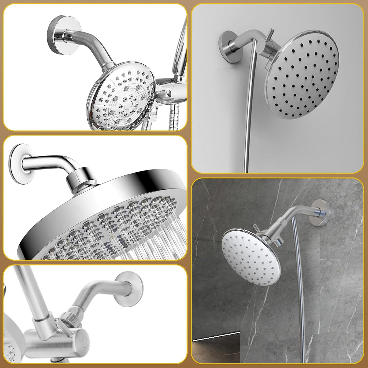 Shower Arm Flange Shower Pipe Arm 6 Inches Shower Head Mount 304 Stainless Steel Shower Handle Replacement Wall Mount Shower Neck for Fixed Shower Head & Handheld Showerhead (Silver)