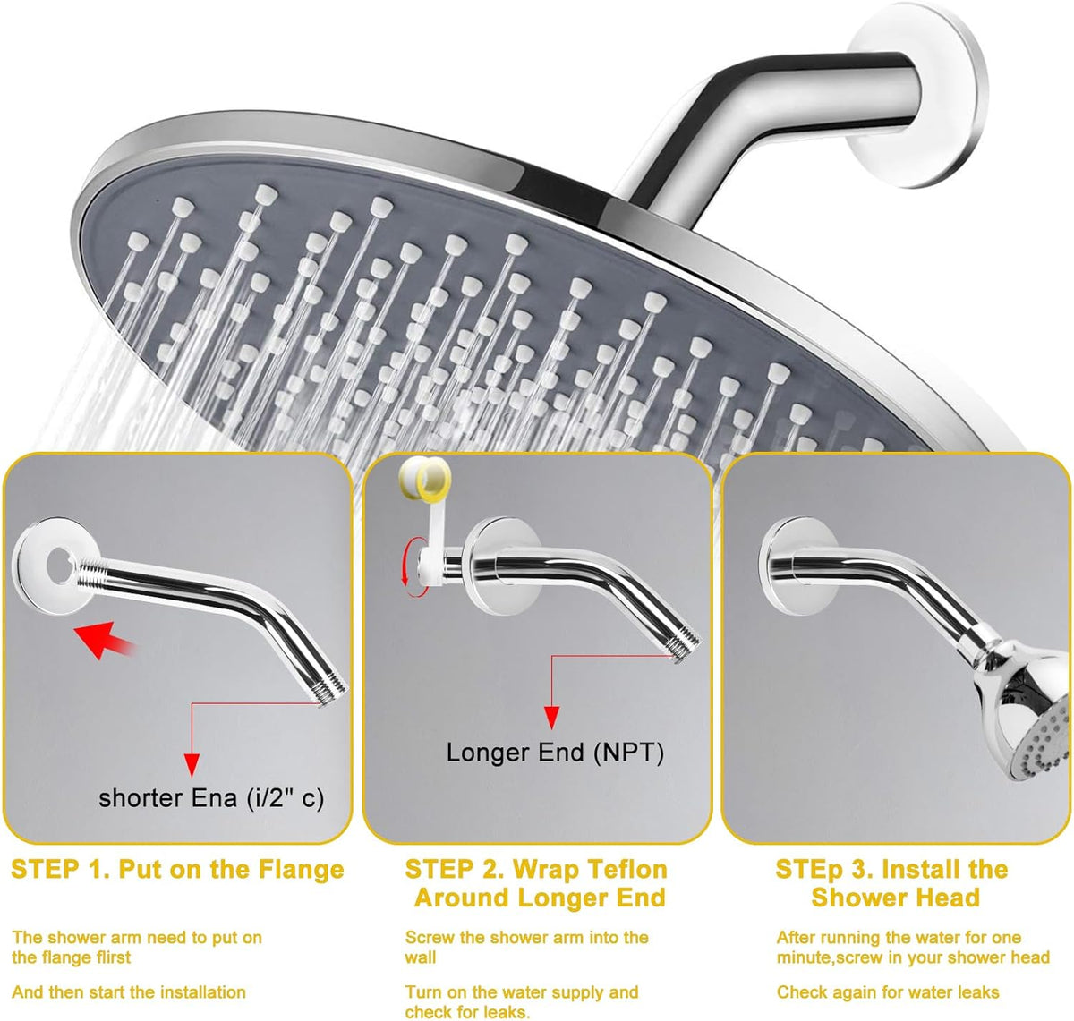 Shower Arm Flange Shower Pipe Arm 6 Inches Shower Head Mount 304 Stainless Steel Shower Handle Replacement Wall Mount Shower Neck for Fixed Shower Head & Handheld Showerhead (Silver)