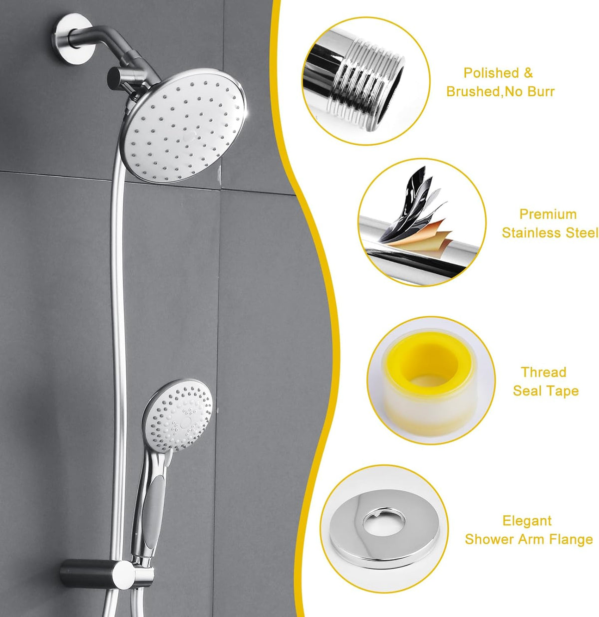 Shower Arm Flange Shower Pipe Arm 6 Inches Shower Head Mount 304 Stainless Steel Shower Handle Replacement Wall Mount Shower Neck for Fixed Shower Head & Handheld Showerhead (Silver)