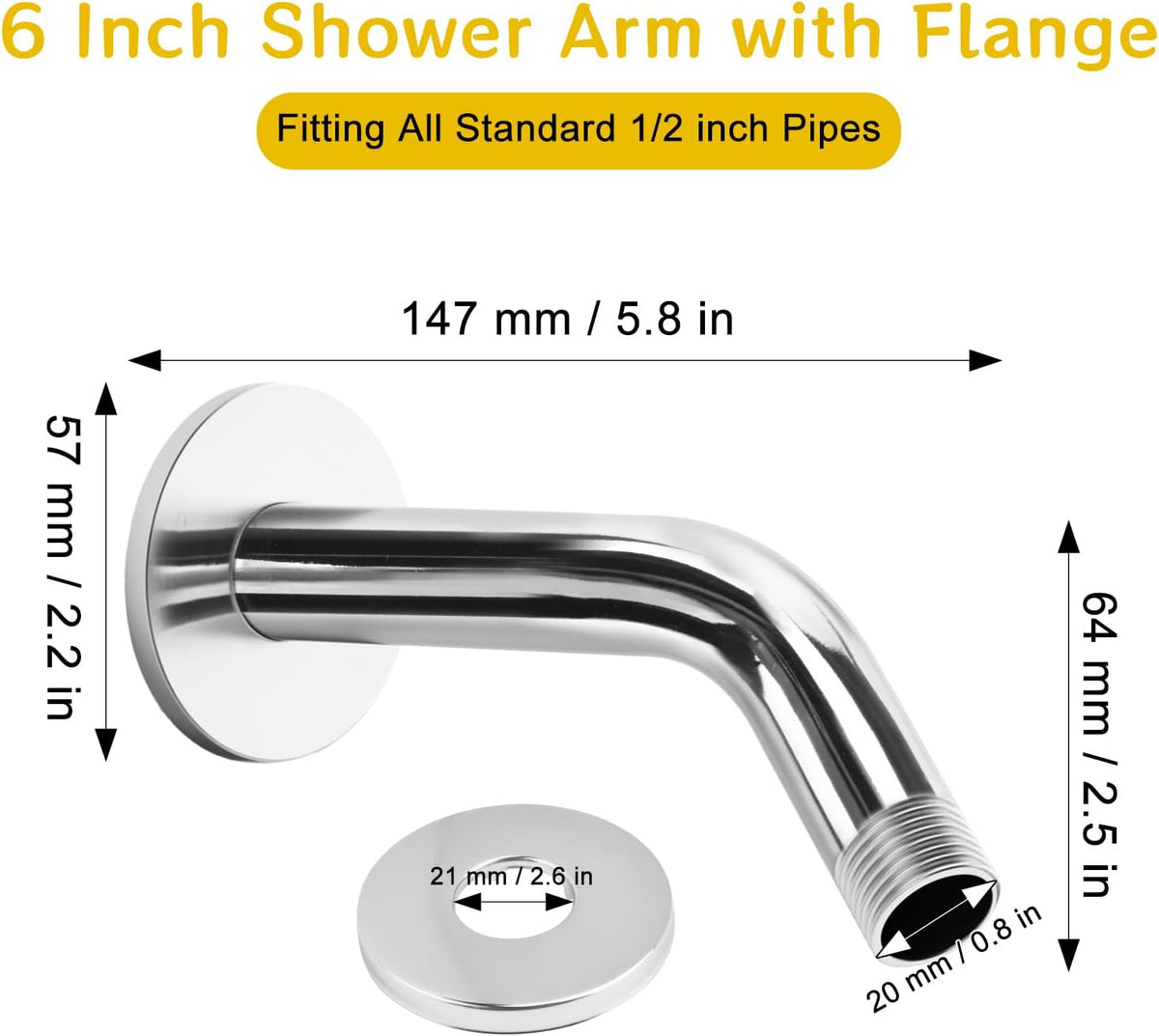Shower Arm Flange Shower Pipe Arm 6 Inches Shower Head Mount 304 Stainless Steel Shower Handle Replacement Wall Mount Shower Neck for Fixed Shower Head & Handheld Showerhead (Silver)