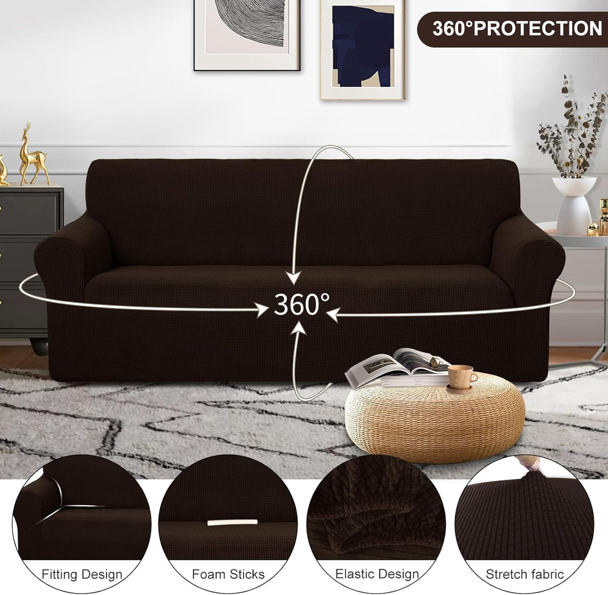 Stretch Couch Cover Sofa Cover Washable Sofa Slipcover Furniture Protector for 3 Chion Couch Sofa Pet Friendly(Sofa, Chocolate)