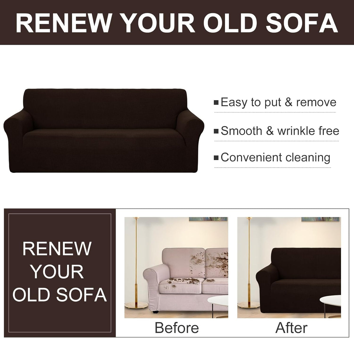 Stretch Couch Cover Sofa Cover Washable Sofa Slipcover Furniture Protector for 3 Chion Couch Sofa Pet Friendly(Sofa, Chocolate)