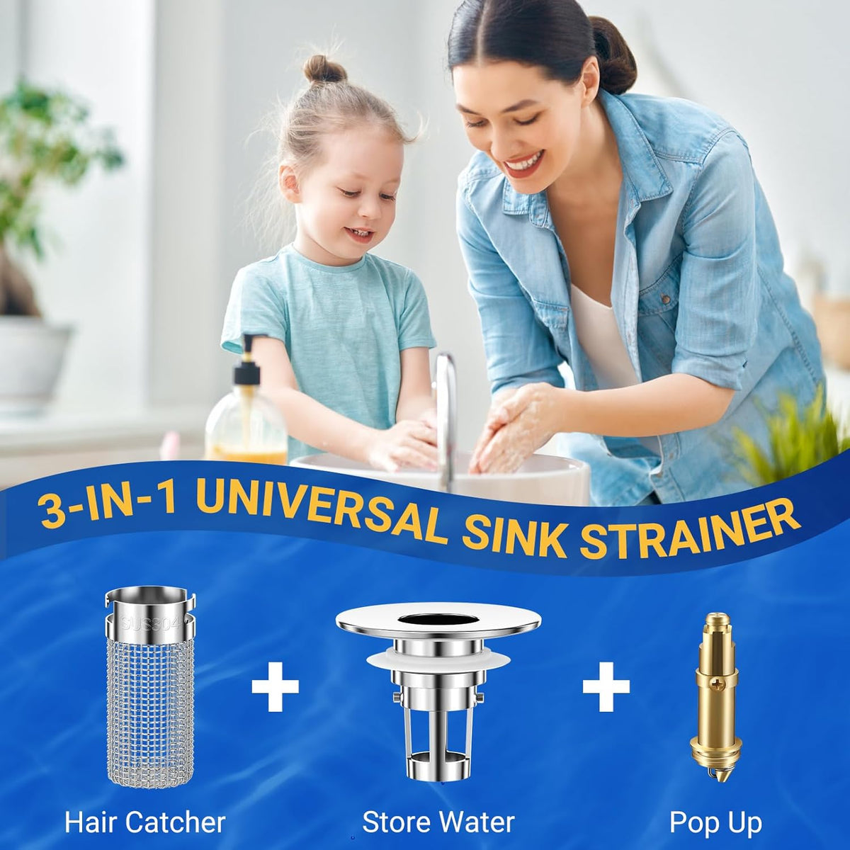 2PCS Bathroom Sink Stopper Strainer, Pop-Up Bathroom Sink Drain Strainer with Removable Stainless Steel Hair Catcher Basket, Universal Fit for US Bathroom Sinks, Bathtubs, Showers & Floor Drains