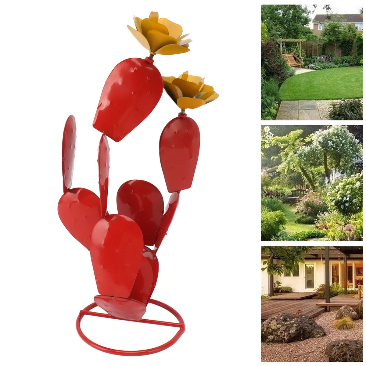 Metal Prickly Pear Cactus with Flowers Iron Rustic Cactus Statue Desert Decor Sculpture for Garden Yard Lawn Patio Red