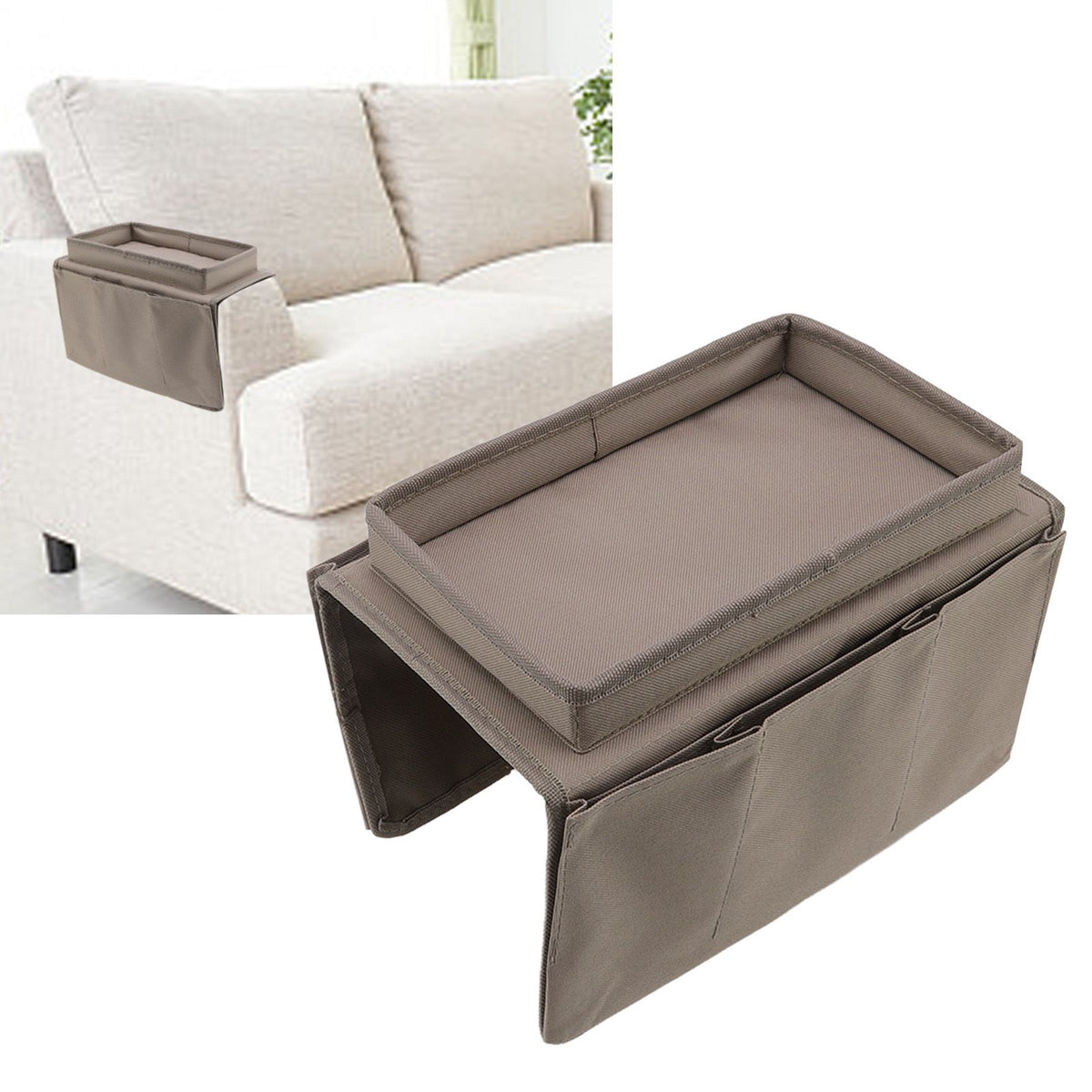Sofa Tray Folding Arm Storage Holder Table 600D Oxford Cloth Side Pockets for Couch Coffee