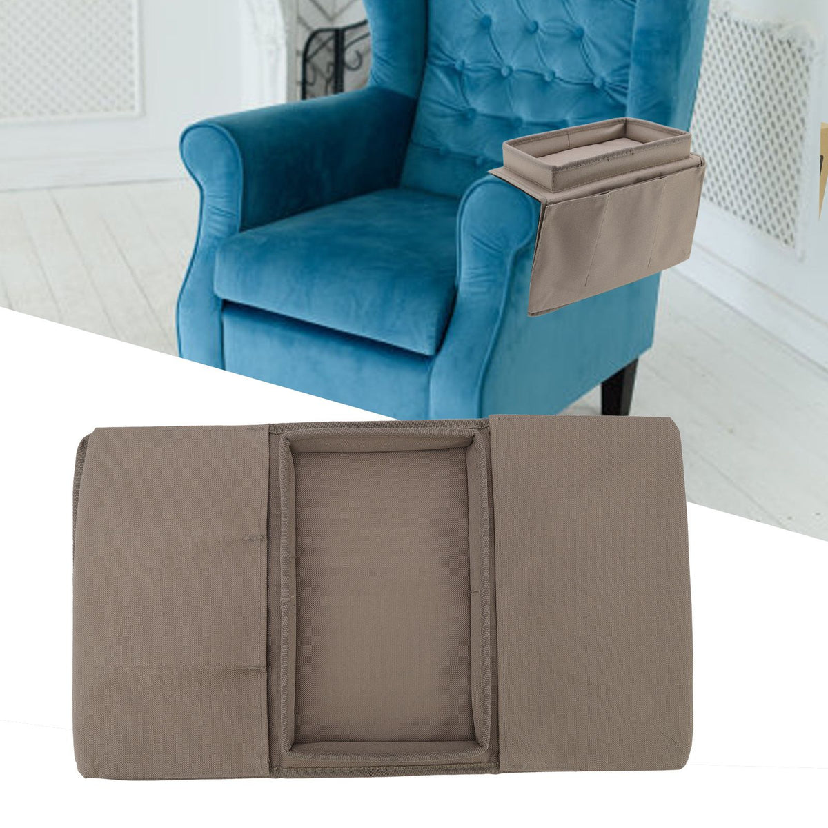 Sofa Tray Folding Arm Storage Holder Table 600D Oxford Cloth Side Pockets for Couch Coffee