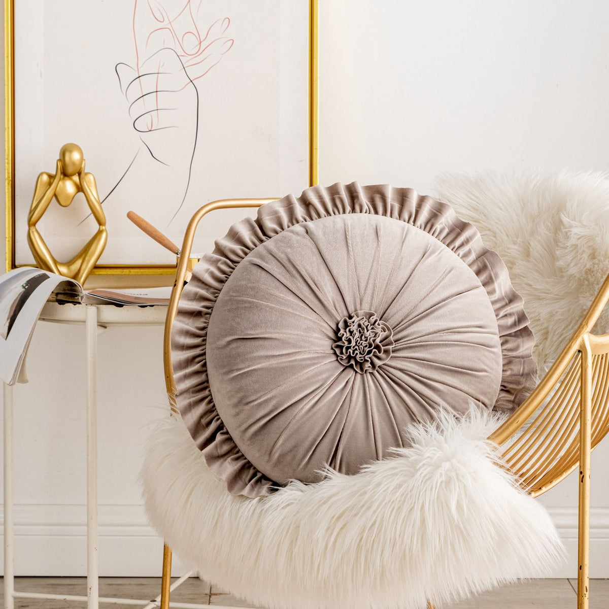 Round Velvet Cushion Ruffled Flower Cushion Decorative Sofa Throw Pillow