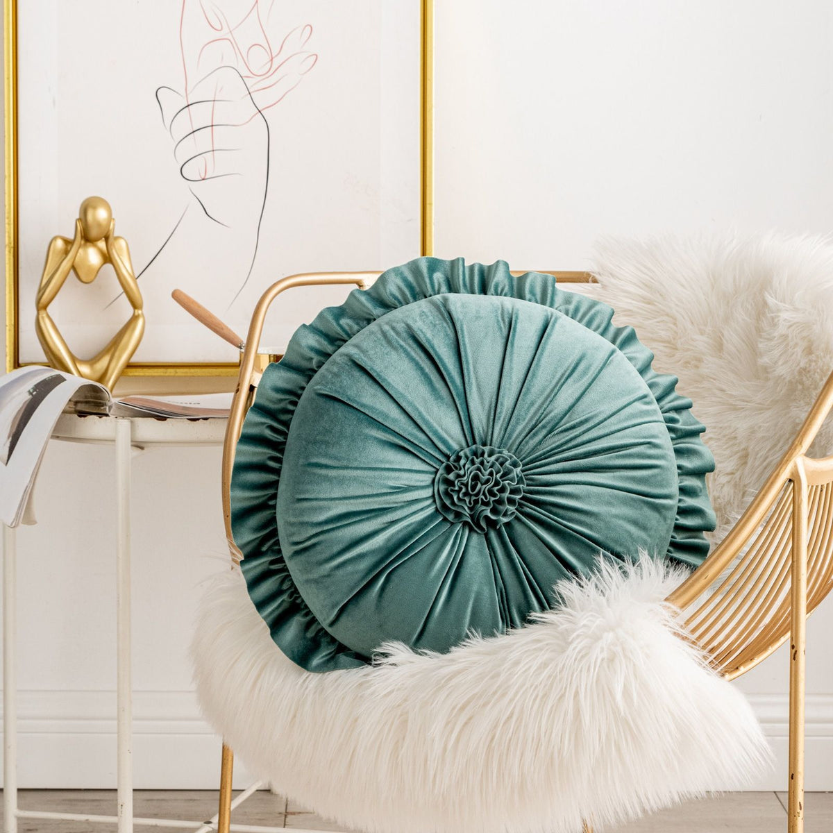 Round Velvet Cushion Ruffled Flower Cushion Decorative Sofa Throw Pillow