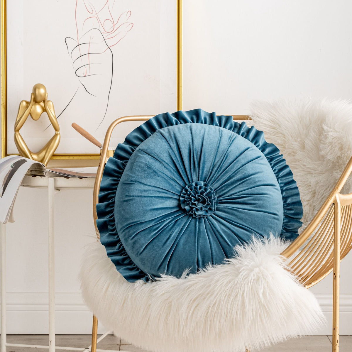 Round Velvet Cushion Ruffled Flower Cushion Decorative Sofa Throw Pillow