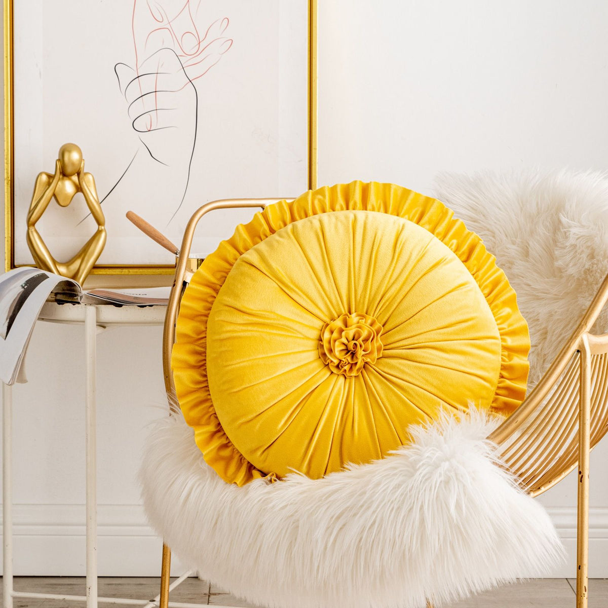 Round Velvet Cushion Ruffled Flower Cushion Decorative Sofa Throw Pillow