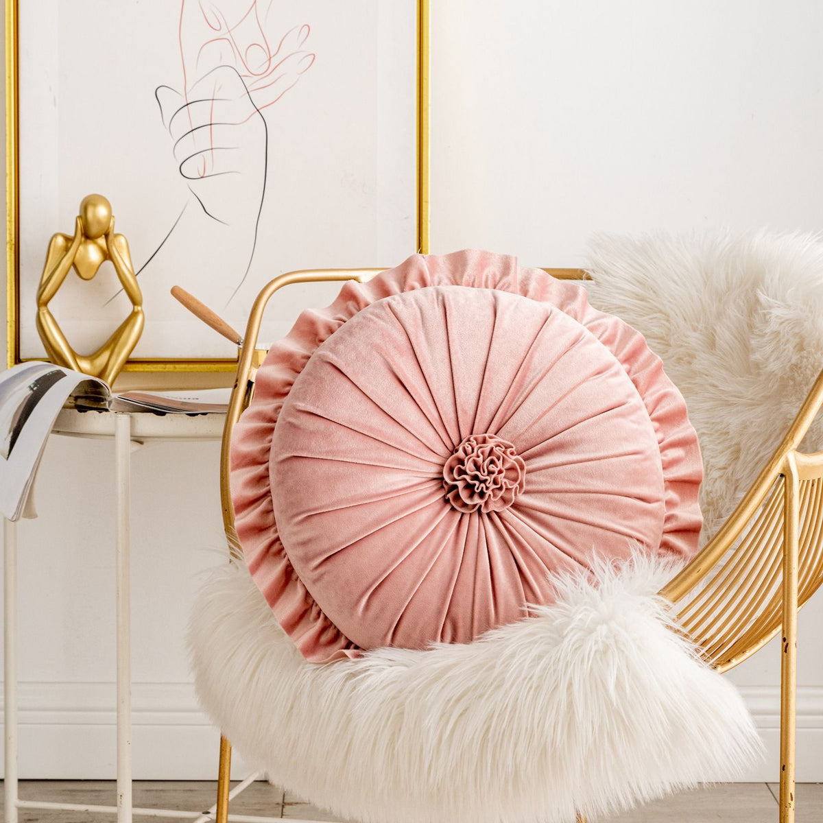 Round Velvet Cushion Ruffled Flower Cushion Decorative Sofa Throw Pillow