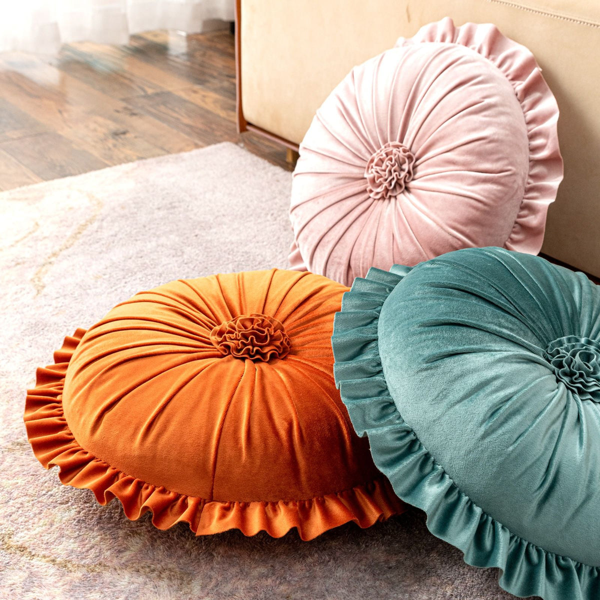 Round Velvet Cushion Ruffled Flower Cushion Decorative Sofa Throw Pillow