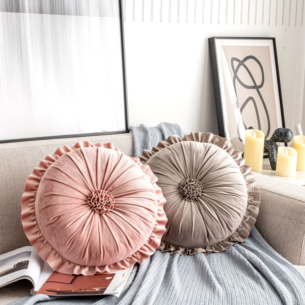 Round Velvet Cushion Ruffled Flower Cushion Decorative Sofa Throw Pillow
