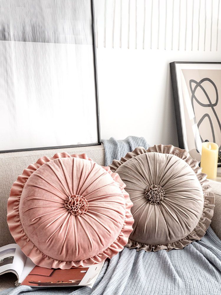 Round Velvet Cushion Ruffled Flower Cushion Decorative Sofa Throw Pillow