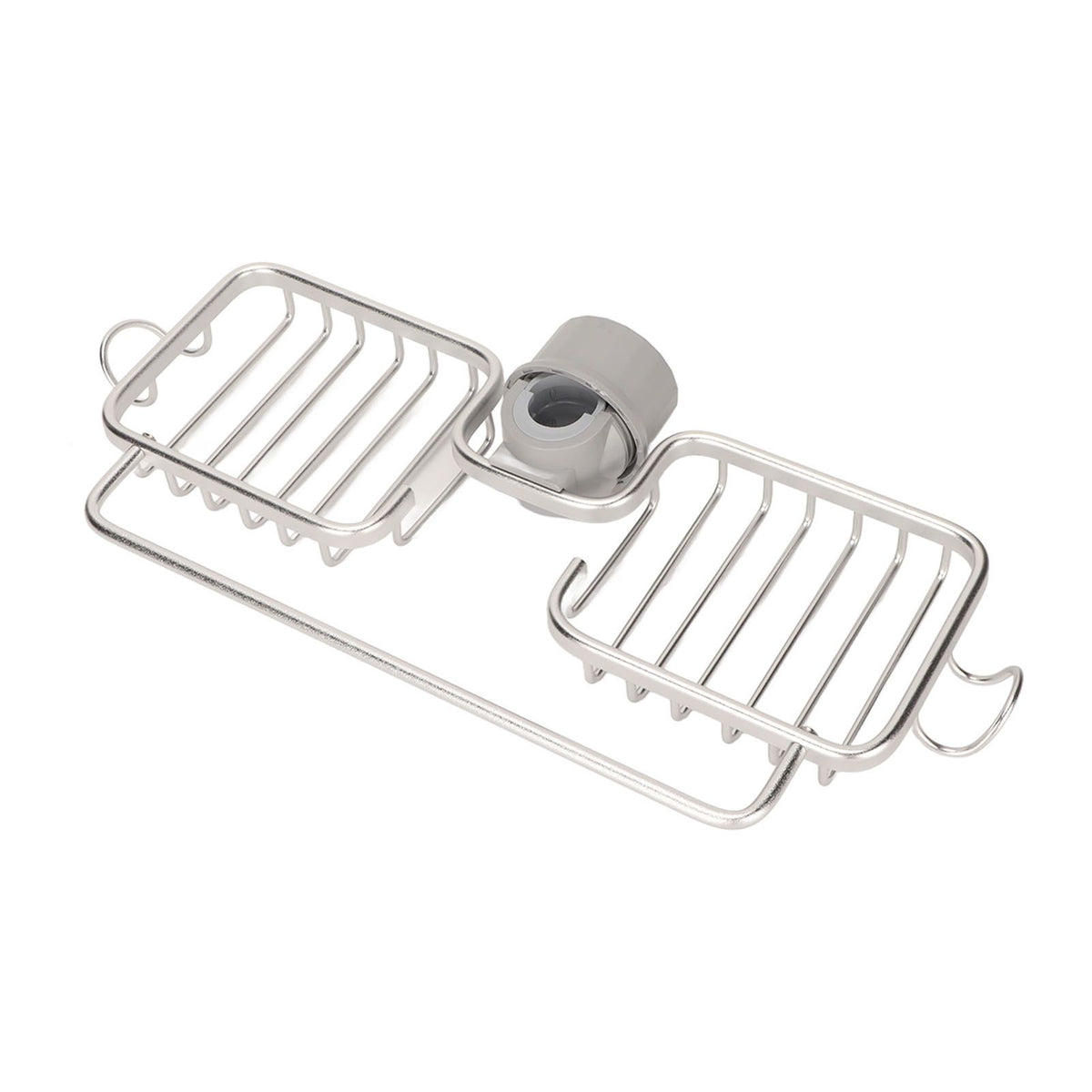 Faucet Storage Shelf Aluminum Plastic Two Containers with Towel Rod for Sponge Rag Kitchen Bathroom Silver
